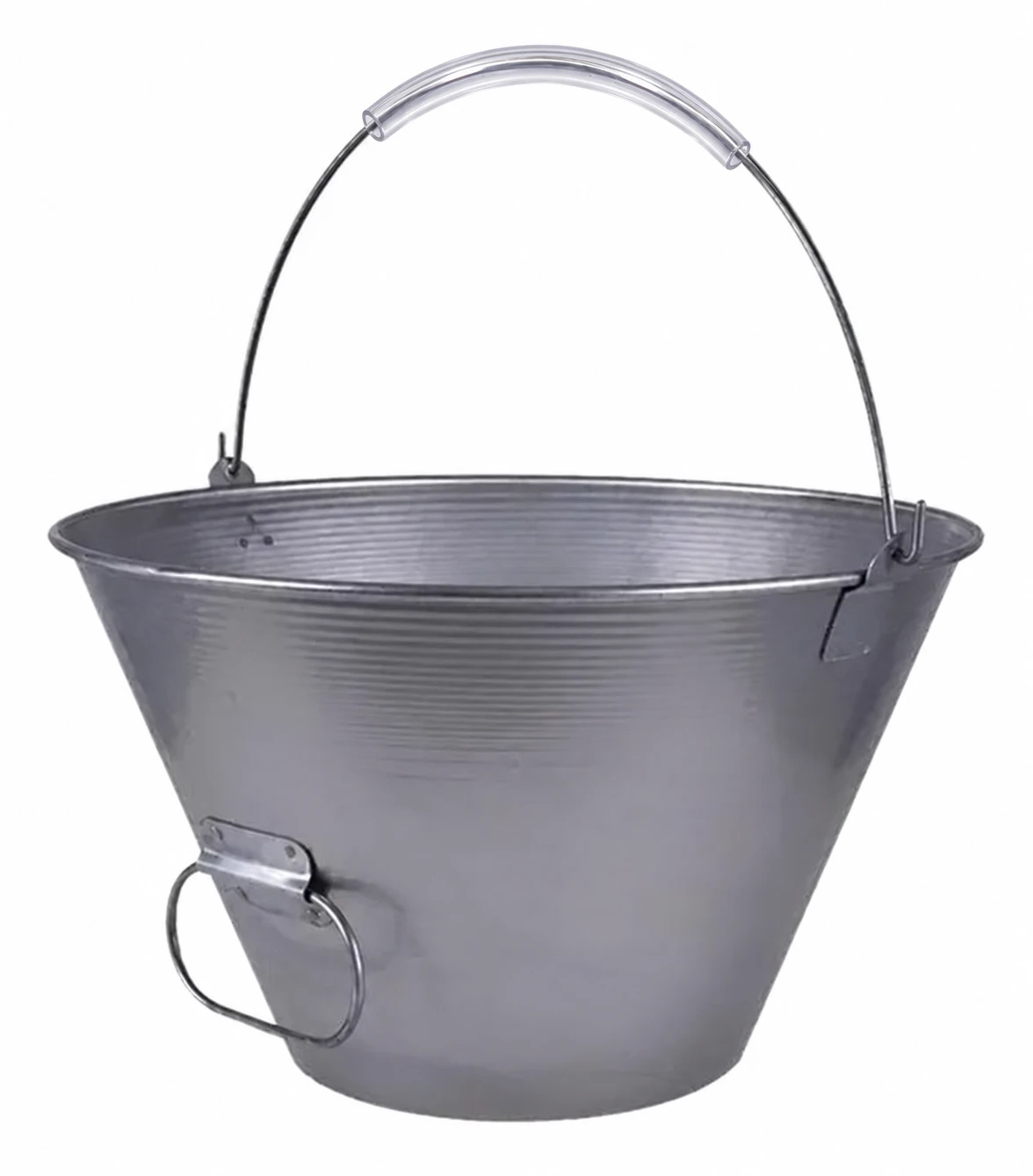 Balde metálico galvanizado para concreto de 10 litros, da Lumiforte, com alça de arame coberta por tubo protetor transparente e alça lateral de apoio