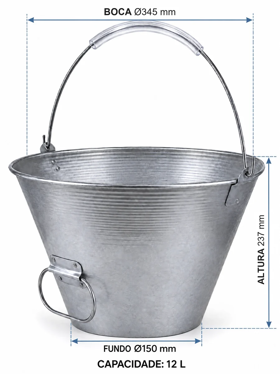 Medidas do balde metálico galvanizado de 12 litros: altura de 237 mm, boca com 345 mm de diâmetro e fundo com 150 mm de diâmetro