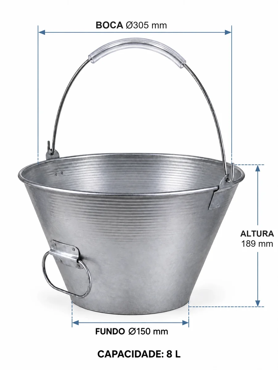 Medidas do balde metálico galvanizado de 8 litros: altura de 189 mm, boca com 305 mm de diâmetro e fundo com 150 mm de diâmetro