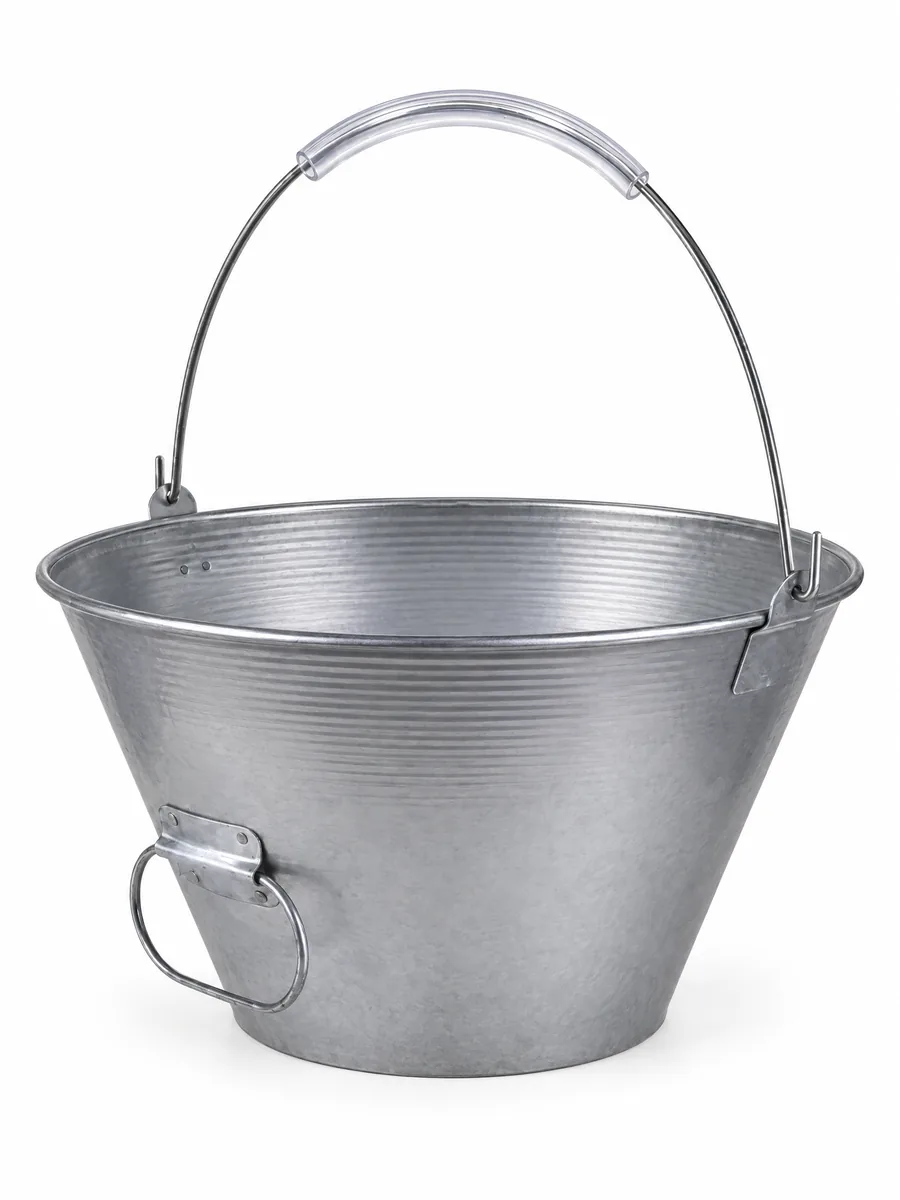 Balde metálico galvanizado para concreto de 8 litros, da Lumiforte, com alça de arame coberta por tubo protetor transparente e alça lateral de apoio